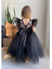Black 3D Floral Lace Tulle Flower Girl Dress With Bow Black 3D Floral Lace Tulle Flower Girl Dress With Bow